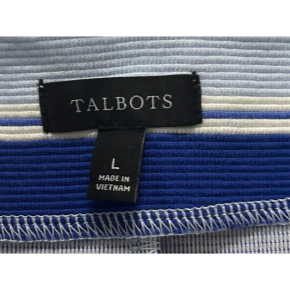 Talbots Top Womens Large Blue White Stripe Textured Button Shoulder Stretch - Picture 8 of 10